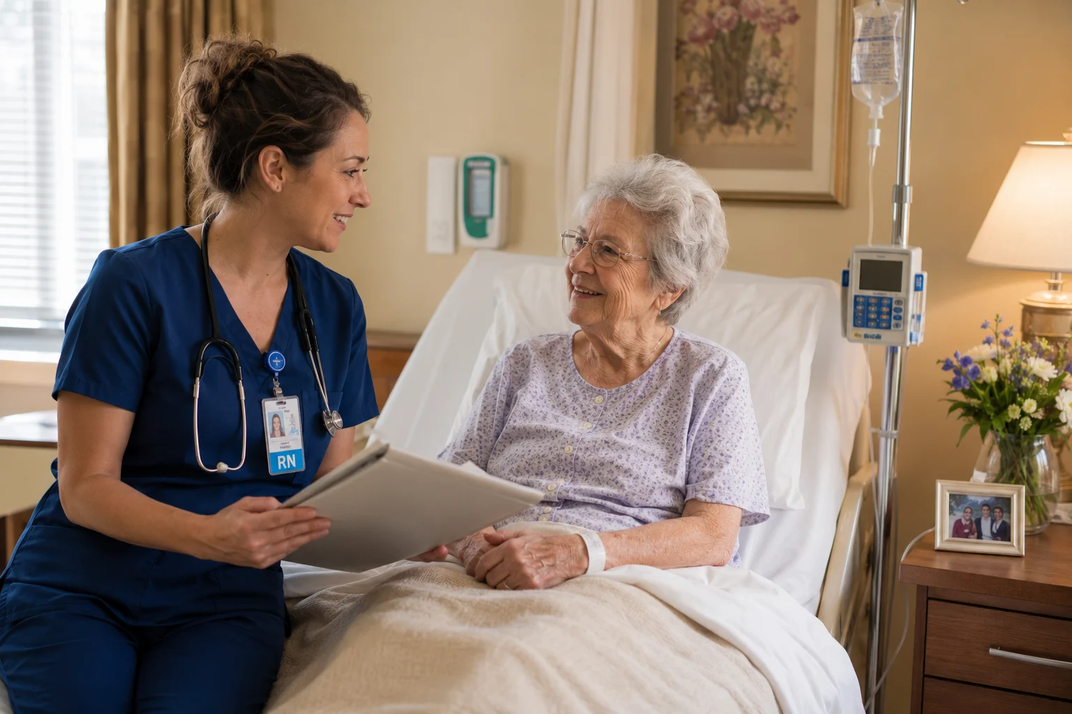 Nurse reviewing care plan with nursing home resident